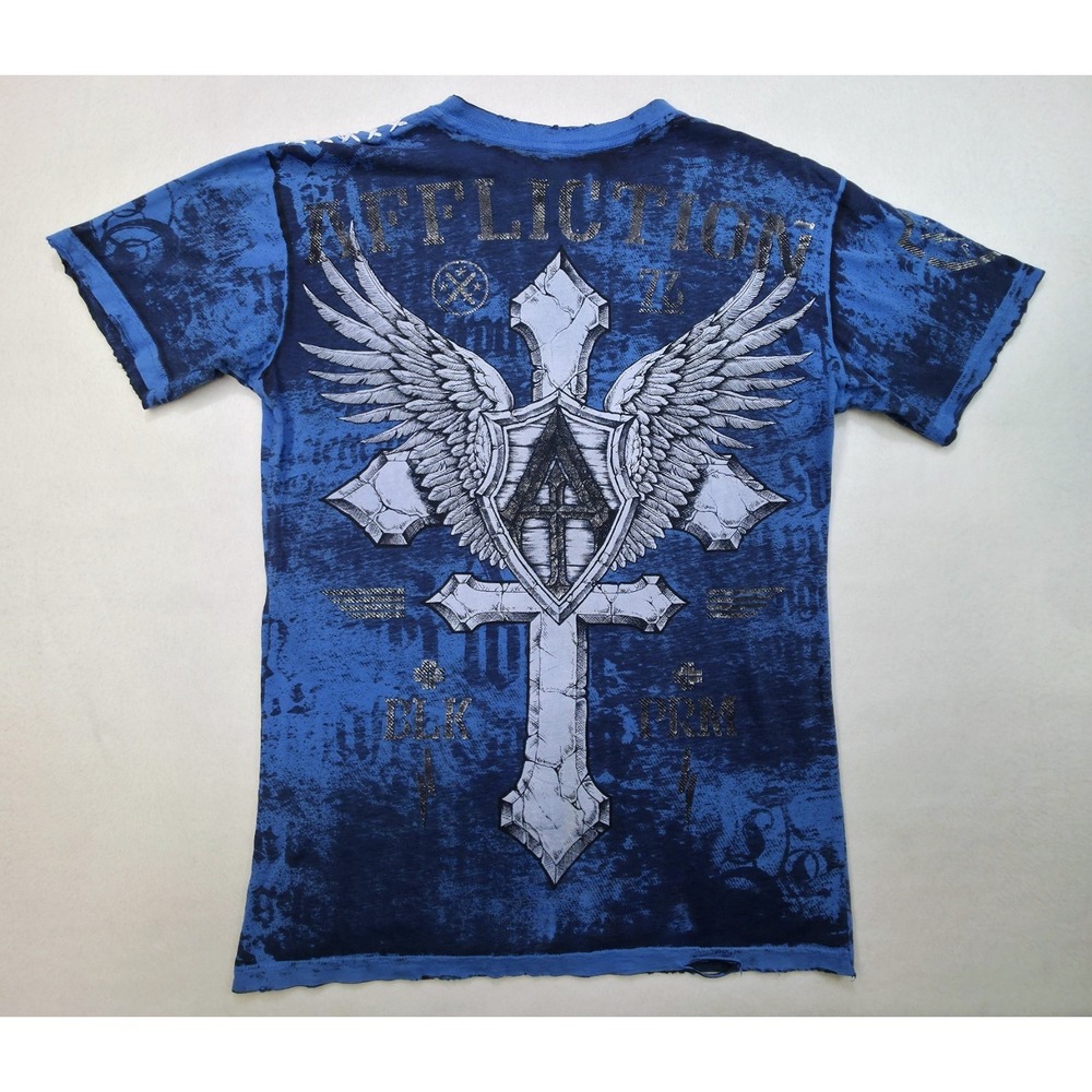 Affliction Live Fast T-shirt Mens XL Y2K Blue Black All Over Print Cross Skull